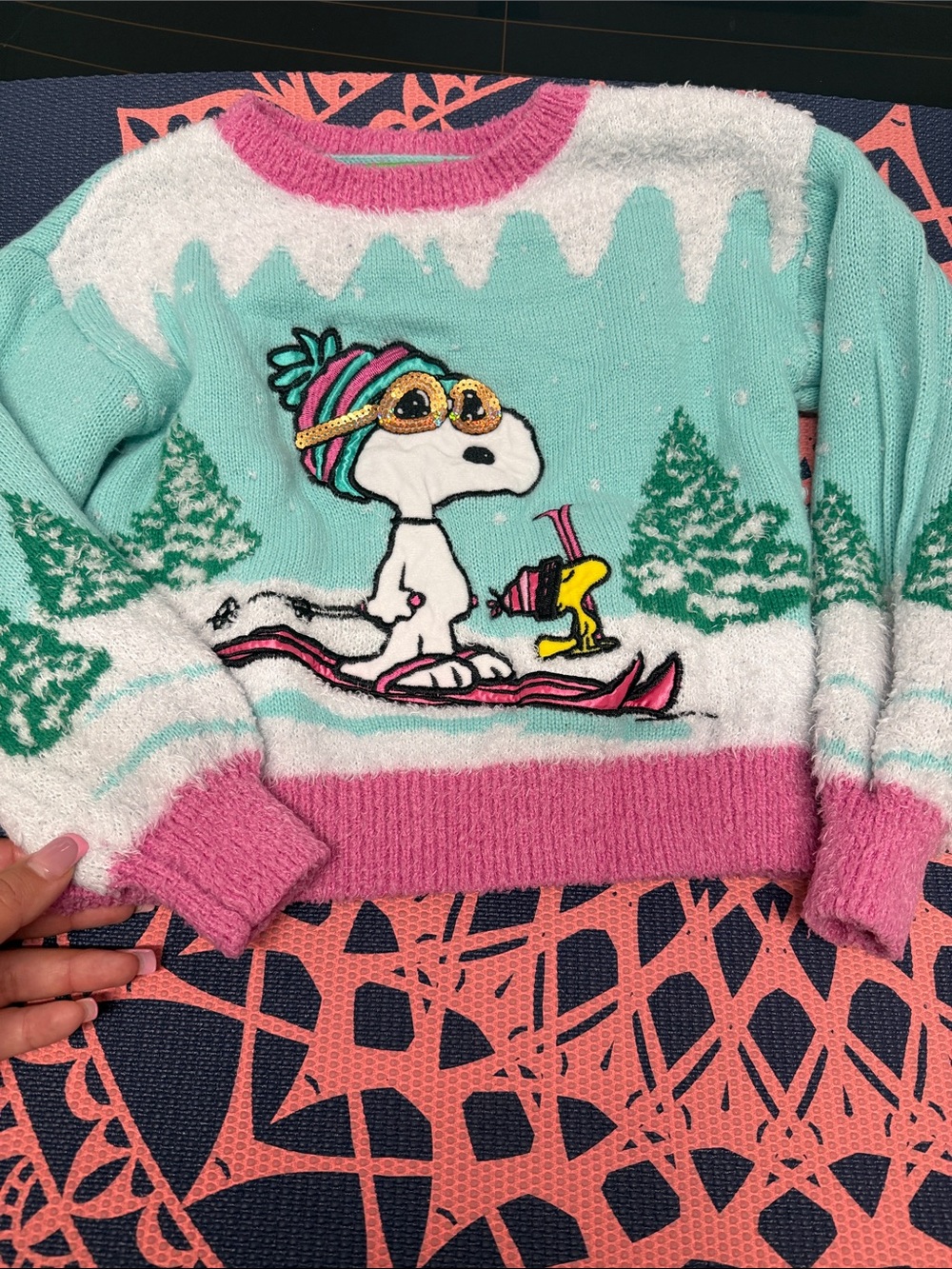Disney Mint, Pink & White Snoopy Ski Graphic Sweater size 7